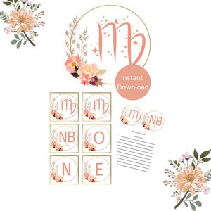 Virgo Born Girl Primer Cumpleaños Milestone Banner Set, Recién Nacido a 12 Meses Banner, Banner "ONE", Cuadrados de 3x3 pulgadas, Cumpleaños, Niña