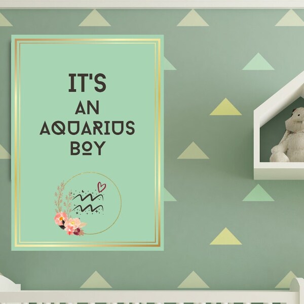 Baby Boy Pregnancy Announcement Digital Zodiac Art Print, It's a Aquarius Boy, New Twist on it's a boy, baby gift, push gift, baby shower