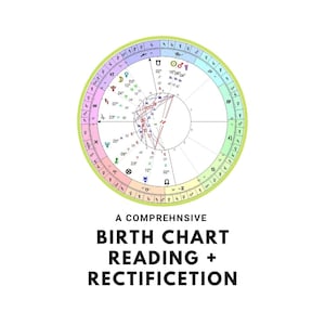 以下が含まれることがあります： 円形のデザインのカラフルな占星術の出生図。チャートは12のセクションに分かれており、それぞれが異なる星座を表しています。チャートには、太陽、月、惑星などのさまざまな占星術のシンボルも含まれています。チャートの下には「A COMPREHNSIVE BIRTH CHART READING + RECTIFICETION」というテキストが表示されています。