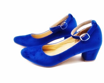 ROYAL Blue Velvet BLOCK HEELS, Ankle Strap Bridal Shoe,Wedding Heels, Mary Jane Block Heels, Boho Shoes,Lolita Cobalt Blue Velvet Vegan Shoe