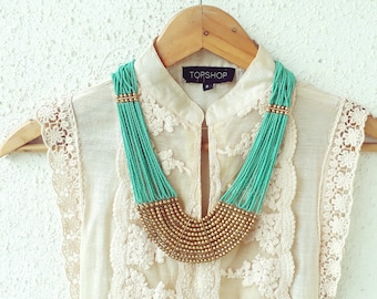 Turquoise Necklace/Bohemian Necklace/Beaded Jewelry/Statement Necklace/Turquoise Gold Necklace/ Bib Necklace/Long Necklace