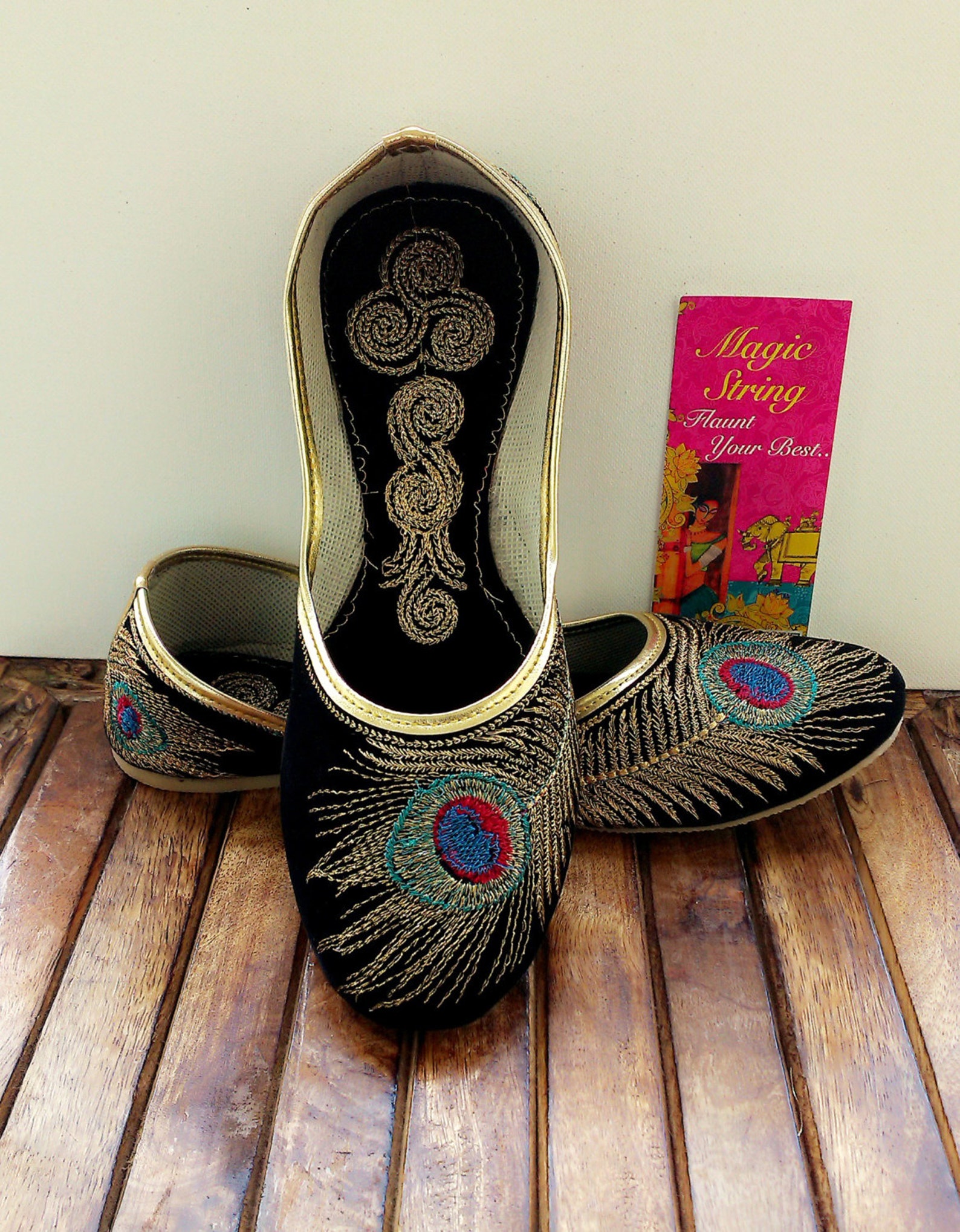 50% off us size 5/black shoes/velvet shoes/gold shoe/black ballet flats/women shoes/ handmade shoes//royal styled jooties