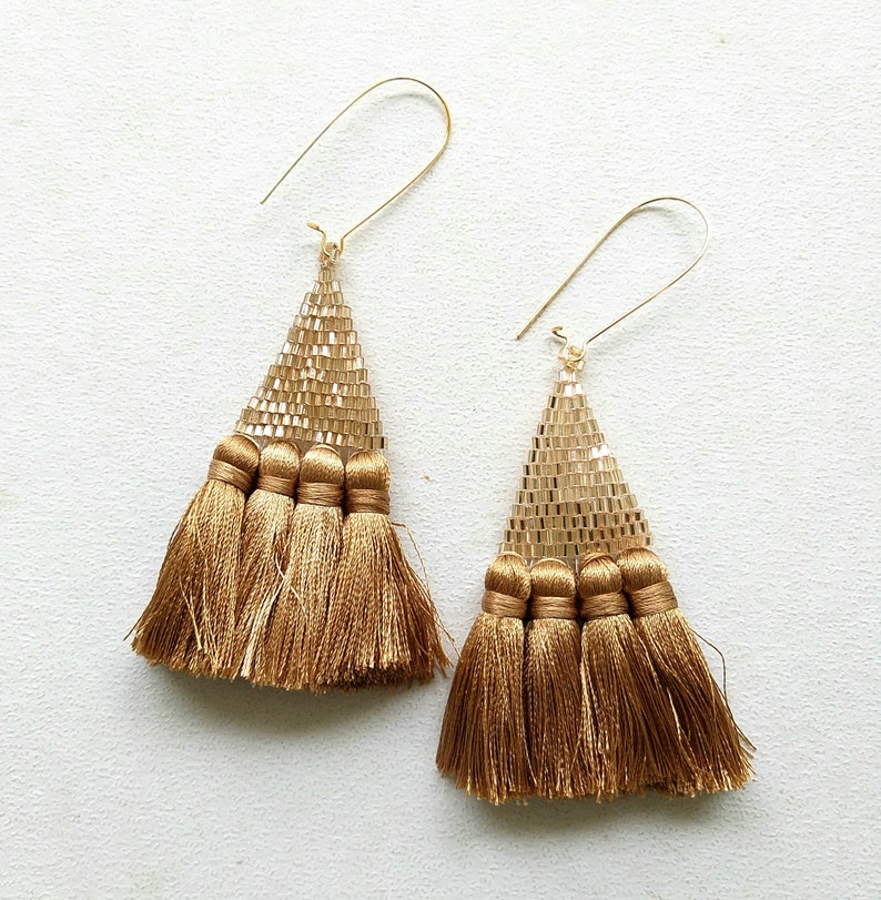 Champagne Tassel Earring Champagne Beaded Earrings Brown Etsy