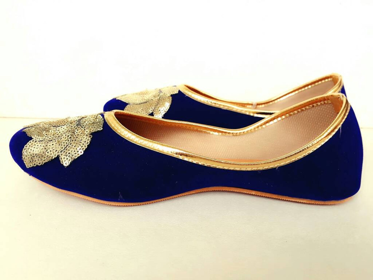 royal blue shoes/velvet shoes/gold embroidered shoes/navy blue women shoes/wedding shoes/ballet flats/wedding flats