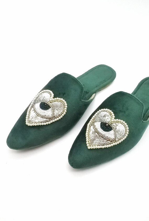 Forest Green Pointy Toe Velvet Flat Embellished Mulesvegan - Etsy