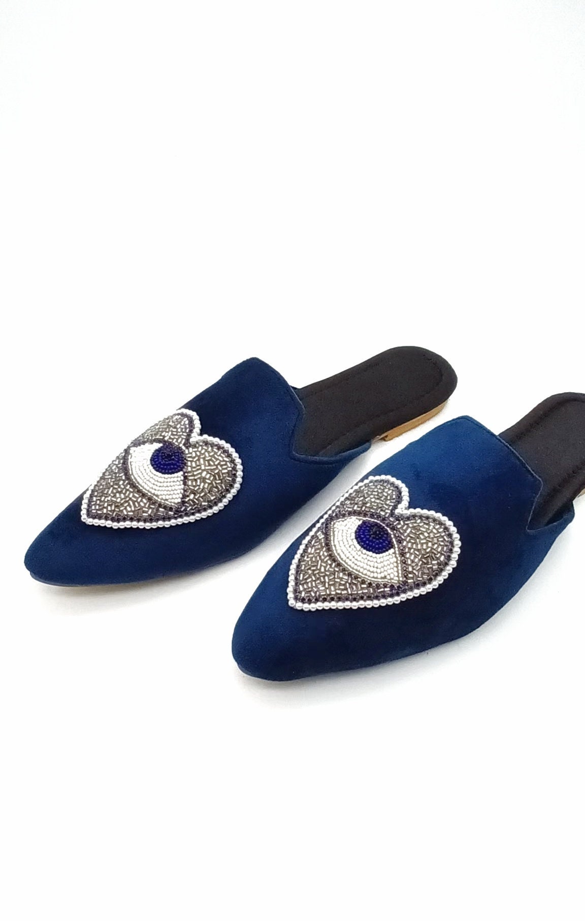 Navy Blue Pointy Toe Velvet Flat Embellished Mulesvegan - Etsy Australia