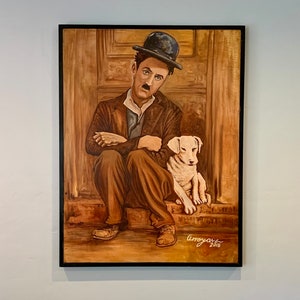 Chaplin and the Dog Original Acrylic Painting on Canvas image 2