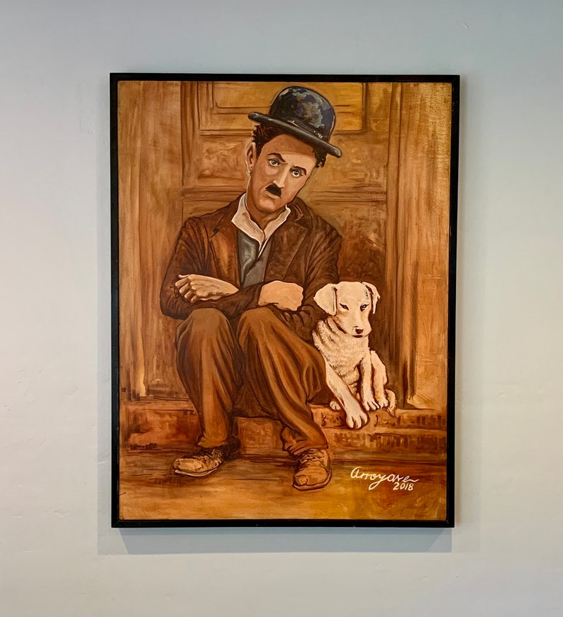 Chaplin and the Dog Original Acrylic Painting on Canvas image 2