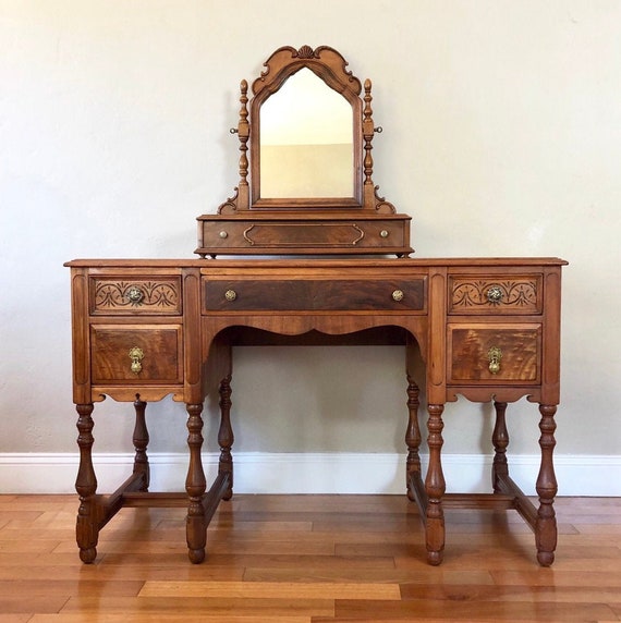 Reduced Antique Solid Wood Desk Make Up Vanity With Mirror Etsy