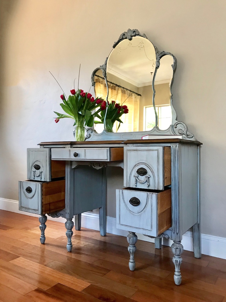 SAMPLE PIECE Blue Antique Make-up Vanity with Mirror and | Etsy