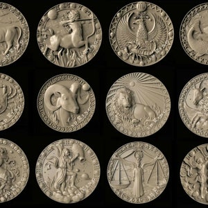 May include: Twelve round, decorative, relief-style, zodiac signs. Each sign is depicted in a circular frame with a raised, detailed design. The signs include Taurus, Gemini, Cancer, Leo, Virgo, Libra, Scorpio, Sagittarius, Capricorn, Aquarius, Pisces, and Aries.