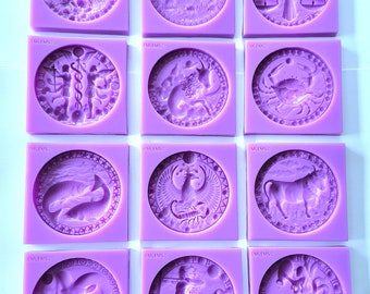 Emlems 12 Silikonformen Sternzeichen Astrologie Zeichen Horoskop Komplettset. Lebensmittelecht für Cake Topper, Resin, Anhänger, Fondant, Schokolade etc