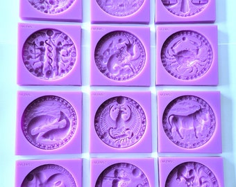 Emlems 12 silicone moulds zodiac astrology signs Horoscope Complete set. food safe for cake toppers, resin, pendants, fondant, chocolate etc