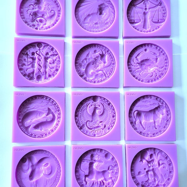 Emlems 12 silicone moulds zodiac astrology signs Horoscope Complete set. food safe for cake toppers, resin, pendants, fondant, chocolate etc
