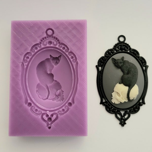 Emlems Cat on Skull cameo Silicone Mould pendant for Resin, cake toppers, fondant, chocolate, soap, clay, wax and so much more