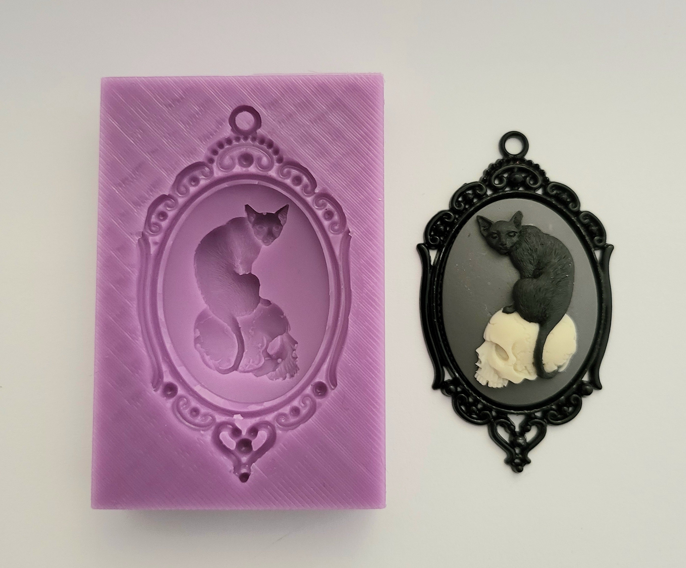 Emlems Cat on Skull cameo Silicone Mould pendant for Resin, cake toppers, fondant, chocolate, soap, clay, wax and so much more