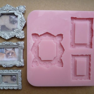 May include: Pink silicone mould with four different frame shapes for making decorative cake toppers or other edible crafts.
