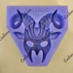 Emlems Curled Horned devil Mask Silicone Mould for cake toppers, resin, clay, plaster, concrete, wax, fondant, chocolate and so much more