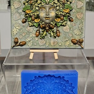 May include: A blue silicone mold for making a green woman's face with leaves and acorns. The mold is on a wooden stand and the text "EMILEMSCO" is visible on the mold.