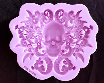 Skull with Floral backing Silicone Mould for resin and food safe for cake toppers, resin, fondant, clay, chocolate etc