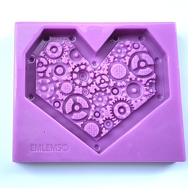 Emlems Steampunk Heart Plaque Silicone Mould with cogs and gears for resin, clay, wax, fondant, chocolate and so much more