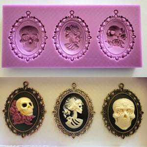 Emlems steampunk skull cameo set Silicone Mould for cake toppers, fondant, chocolate, resin, soap, clay, wax and so much more