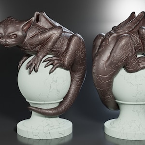 May include: A brown, scaly, gargoyle-like creature with large ears and a long tail sits perched on a white marble sphere.