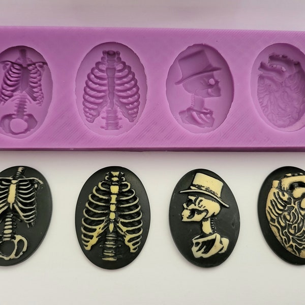 Emlems Skull, Heart, Skelton, Ribs cameo set Silicone Mold pendentif pour résine, cake toppers, chocolat, fondant, argile, cire et bien plus encore