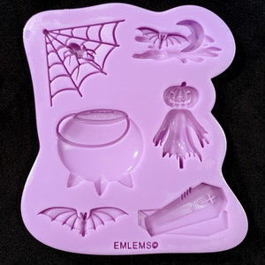 Emlems halloween Set, pumpkin, cauldron, spider web Silicone Mould food safe for cake toppers, resin, wax melts, fondant, chocolate and more