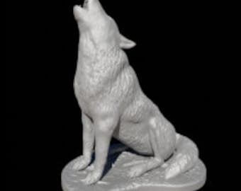 May include: A grey, ceramic sculpture of a wolf howling at the moon. The wolf is sitting on a base with a textured surface.