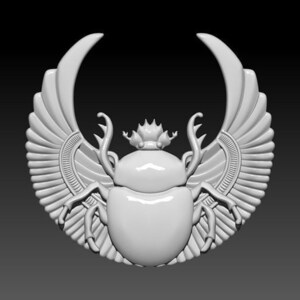 May include: A white 3D-rendered scarab beetle with detailed wings. The beetle is the focal point, with wings extending outwards. A crown-like detail sits above the head. The background is a gradient from black to grey.