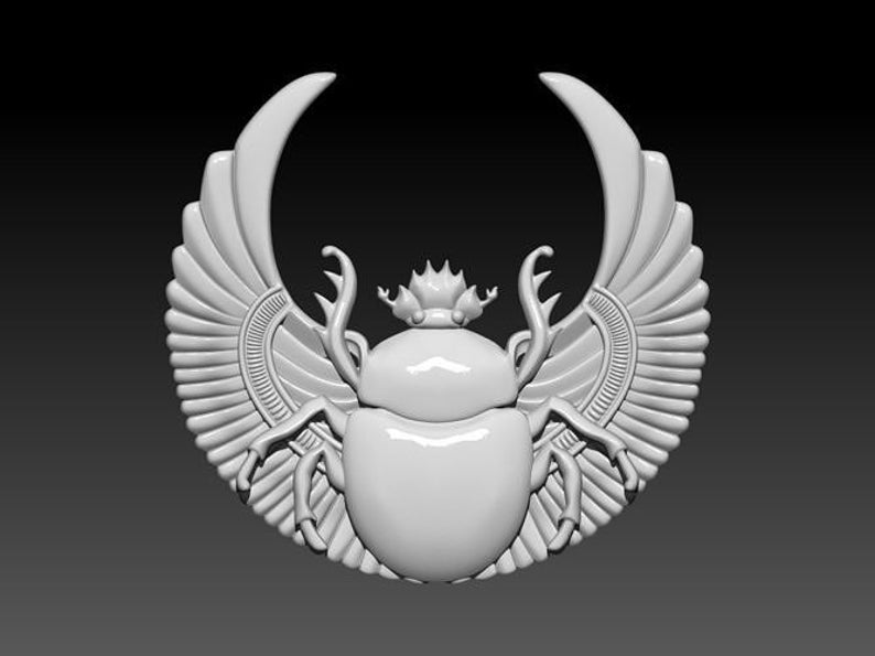 May include: A white 3D-rendered scarab beetle with detailed wings. The beetle is the focal point, with wings extending outwards. A crown-like detail sits above the head. The background is a gradient from black to grey.