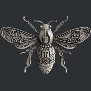 May include: A detailed, ornate, silver-colored bee with intricate floral patterns on its wings and body. The bee is a 3D design with a raised texture.