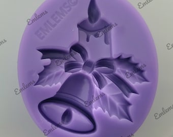 Emlems Christmas Bell, bow, holly and candle Silicone Mould for resin, cake toppers, fondant, clay, wax, chocolate and so much more