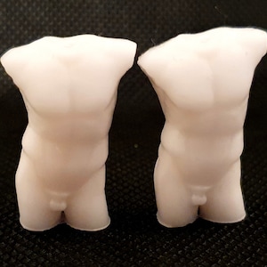 May include: Two white plaster sculptures of a torso, each with a smooth, rounded surface.