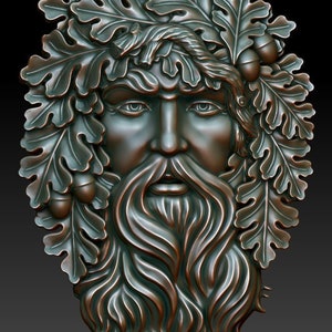 May include: A green, bronze-coloured sculpture of a man's face with a long beard and oak leaves surrounding his head. The sculpture is detailed and realistic.