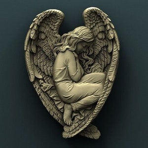 May include: A detailed sculpture of an angel with wings folded behind its back, the angel is depicted in a sleeping position with its head resting on its arm.