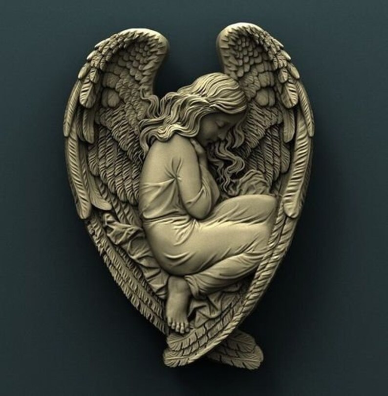 May include: A detailed sculpture of an angel with wings folded behind its back, the angel is depicted in a sleeping position with its head resting on its arm.
