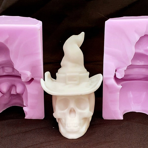 3d Silicone mould skull in witches hat Food Safe Silicone Mould for cake toppers, fondant, chocolate, resin, soap, wax etc