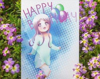 Cute Balloons Birthday Card, Anime Manga Original Art