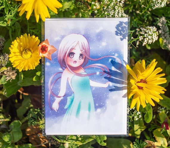 cute blue dress girl dancing in snow anime manga style original artwork  greetings card