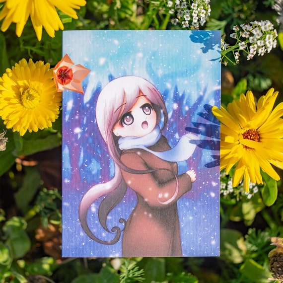 Fille Dhiver Scène De Neige Noël Anime Manga Style Carte De Voeux