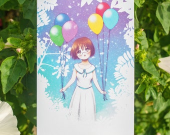 Birthday Balloons Cute Anime Manga style Original Artwork Greetings Card