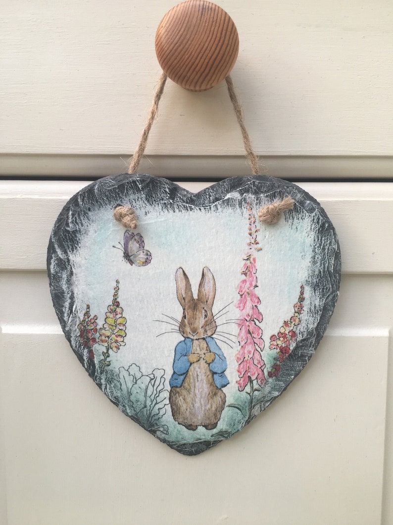 Peter Rabbit Hanging Slate Heart,Peter Rabbit Nursery Decoration,Peter Rabbit Decoupage,Hanging Slate Heart,Nursery Decoration
