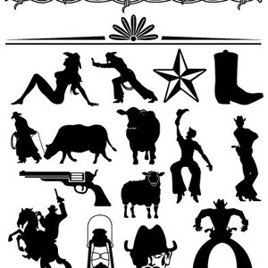 Puede incluir: Ilustraciones en silueta en blanco y negro de varios artículos de temática western, incluyendo un sombrero de vaquero, una bota, una vaca, una estrella, una linterna, un revólver, un vaquero montando un caballo y una valla de alambre de púas.