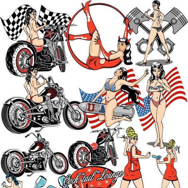 Pin Up Girl Racing Clip Art - Personal or Commercial Use Royalty Free