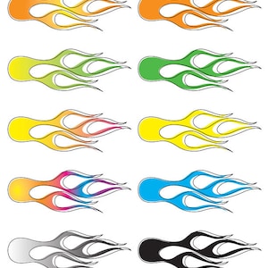 May include: Set of ten flame decals in various colors, including orange, yellow, green, blue, pink, and black. The flames are stylized and have a retro look.