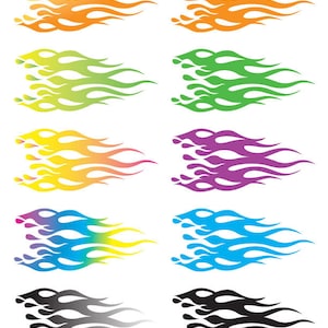 May include: Set of ten flame designs in various colors, including orange, green, yellow, purple, blue, and black. The flames are stylized and have a gradient effect.