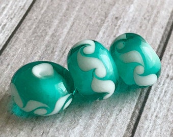 2 pcs+ Teal green white  lampwork beads,  handmade modern lampwork glass bead