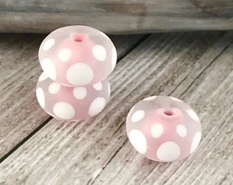 2  White Polka Dot Beads, Polka Dot Beads, White Polka Dot Lampwork mat Beads, Red  or pink or orange Dotted Beads